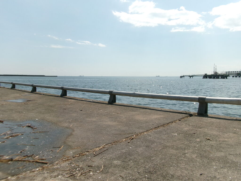 現地調査で撮影した、四日市霞釣り公園の写真。足元に柵があり安全対策されている。