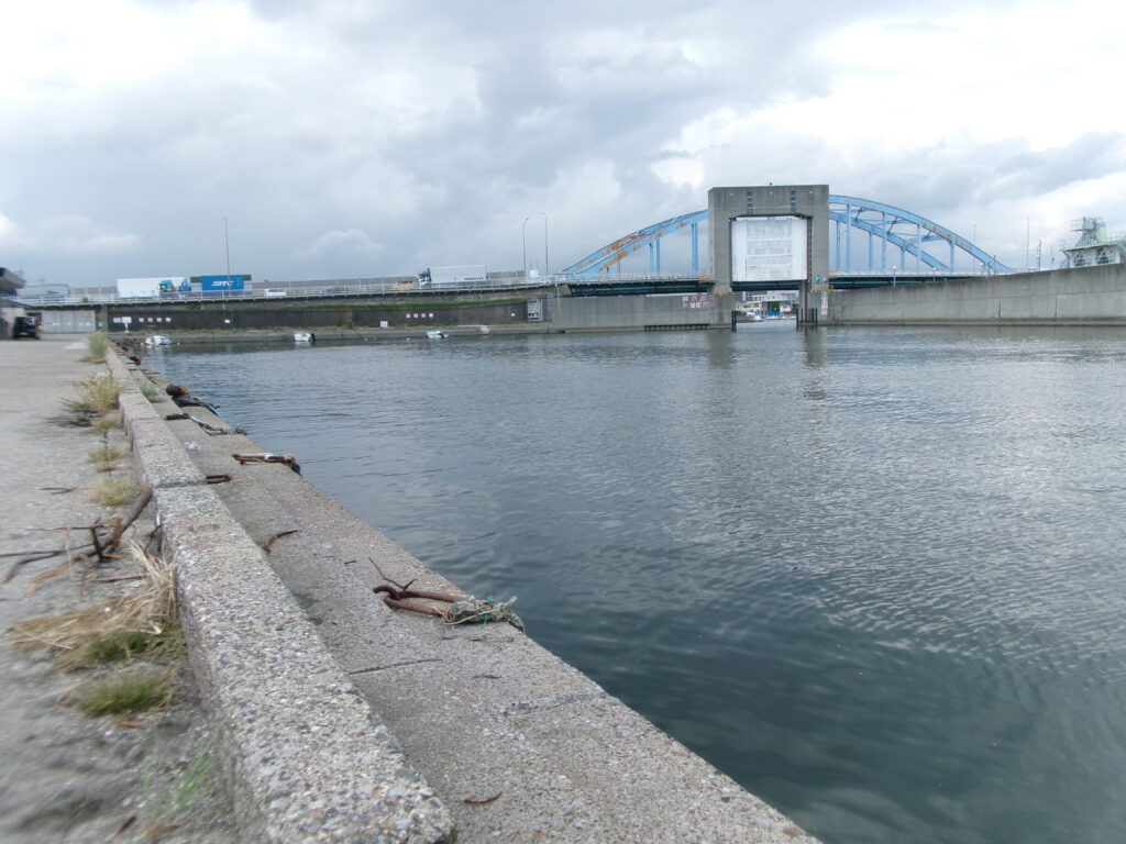 現地調査時に撮影した、富洲原漁港の釣り場の写真。足場の良さ、海面の近さがわかる。